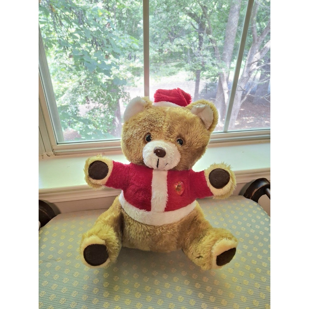Vintage Musical Christmas Brown Teddy Bear Light Up Heart Santa Plush Toy Doll